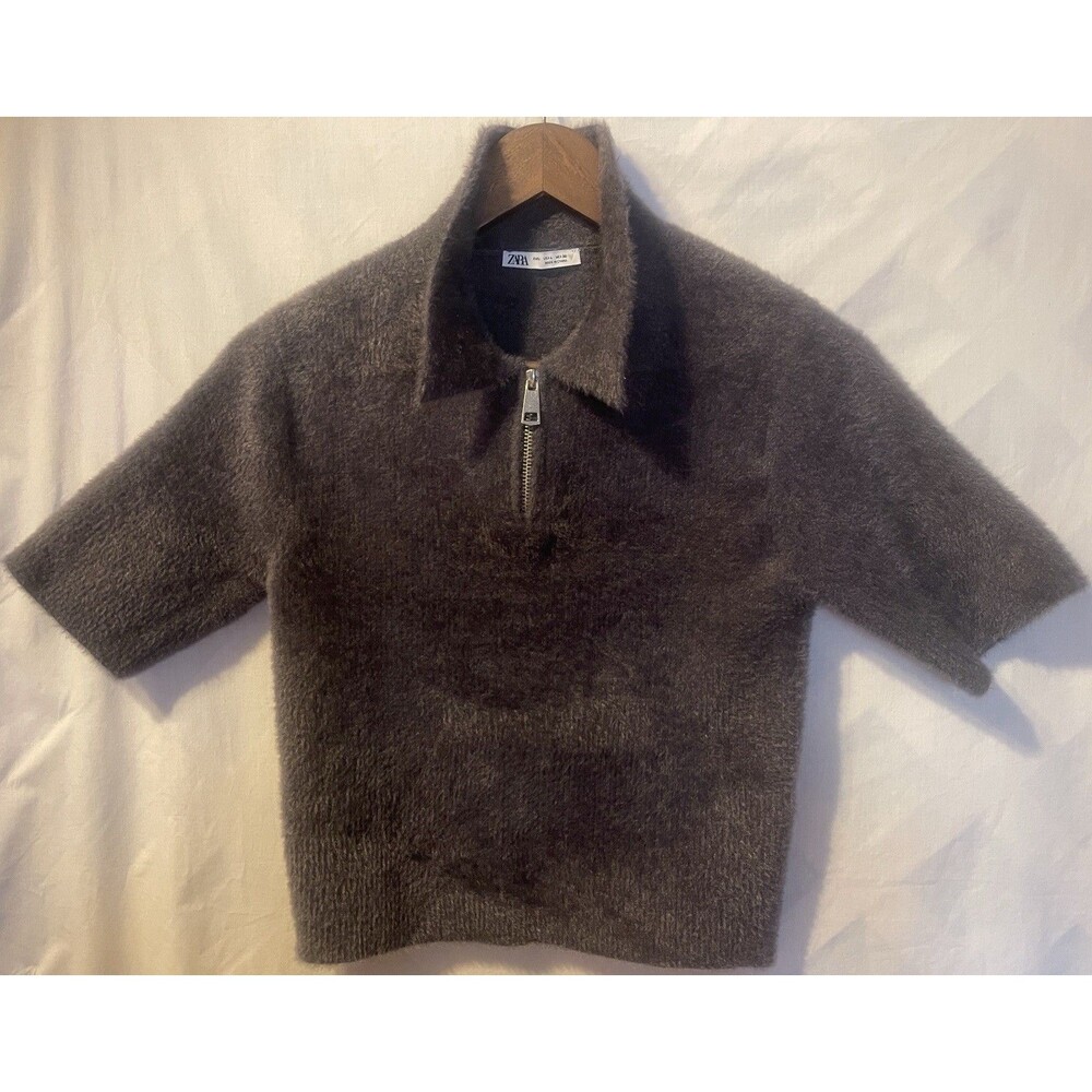 ZARA Fuzzy Knit Quarter Zip Mock Neck Cropped Gray Top Sweater  Size L